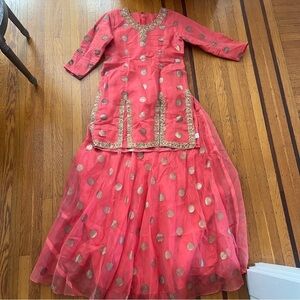 Sari Palace pink gold polka dot silk dress with flaws see pics for wear L large